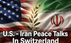 US and Iran continue peace talks in Switzerland. In this picture are the US and Iranian flags with an olive branch in the center shown vertically.