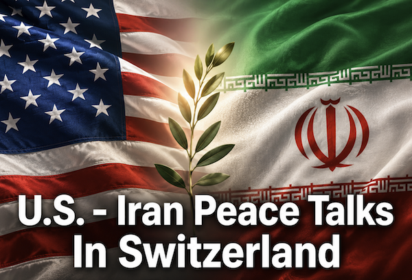 US and Iran continue peace talks in Switzerland. In this picture are the US and Iranian flags with an olive branch in the center shown vertically.