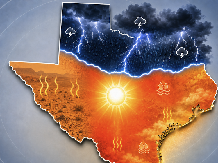 Week 26 of 2026 Texas Weather Roundup. A map of Texas that shows the predicted weather around Texas