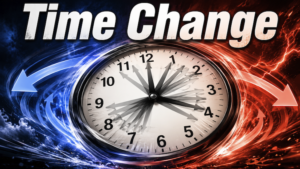 An image of a clock out of control as it spins forward and backward in time depicting the twice a year event of changing time by one hour