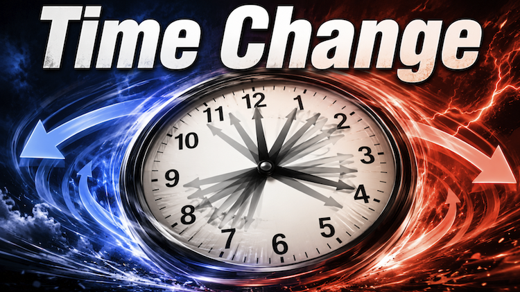 An image of a clock out of control as it spins forward and backward in time depicting the twice a year event of changing time by one hour