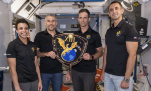 From left: Commander Jessica Watkins and Pilot Luke Delaney, both from NASA, and Mission Specialists Joshua Kutryk of the Canadian Space Agency and Sergey Teteryatnikov of Roscosmos. (Image credit: NASA/Morgan Gridley)