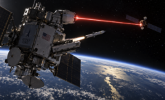 A graphic image of a US Space Force satellite in space with lasers and missles aiming at other foreign satellites