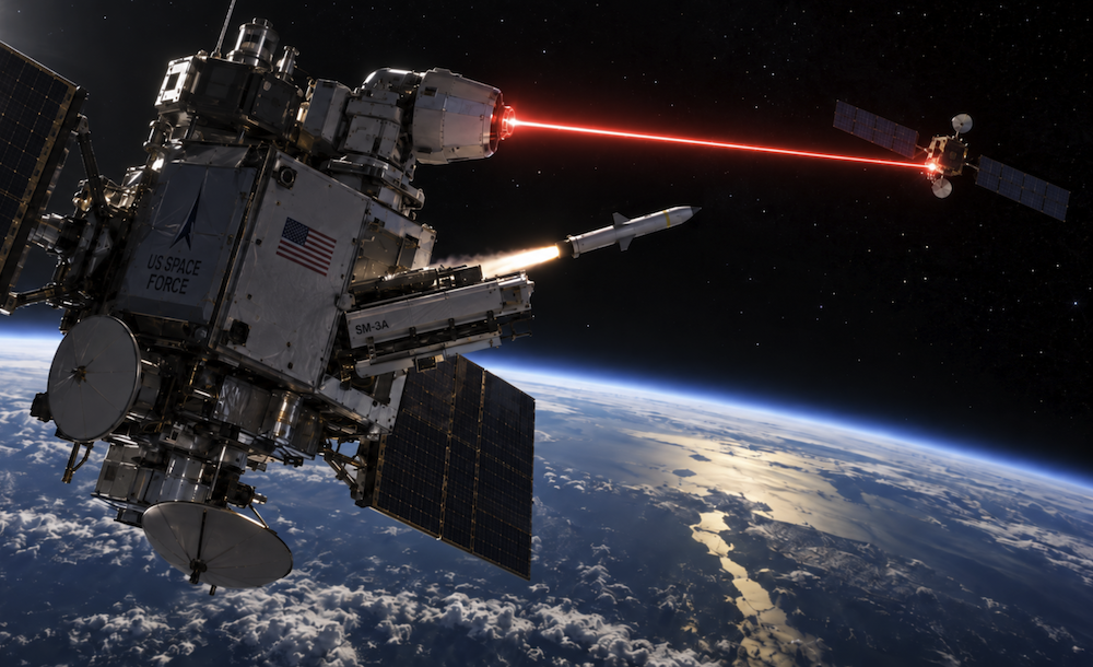 A graphic image of a US Space Force satellite in space with lasers and missles aiming at other foreign satellites